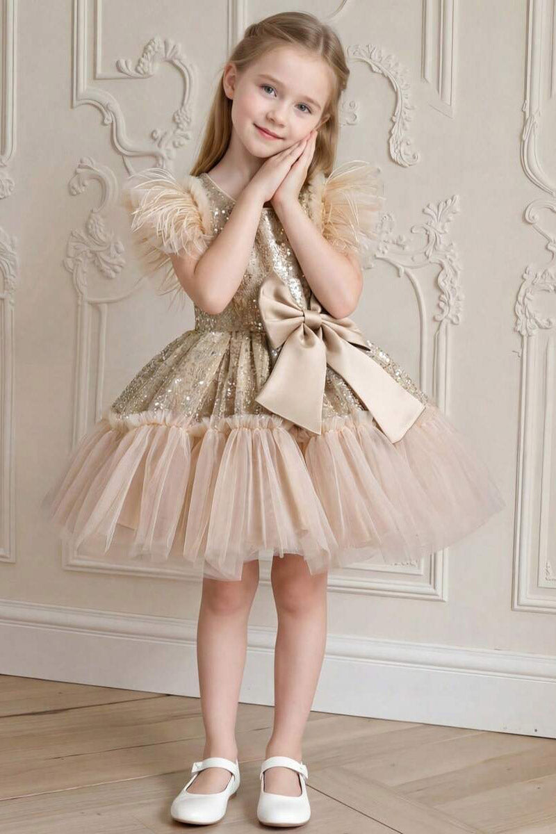 Girls Champagne Sequin Feather Sleeve Mini Tulle Dress