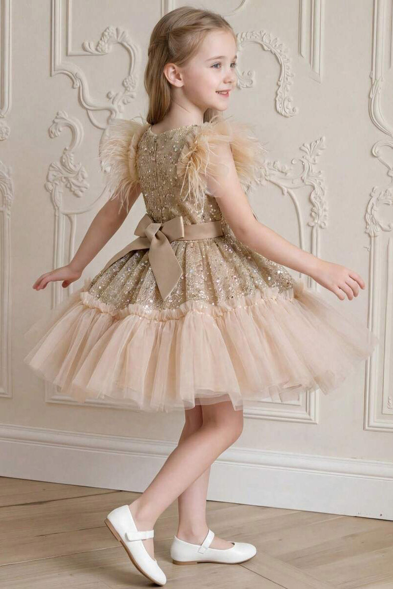Girls Champagne Sequin Feather Sleeve Mini Tulle Dress