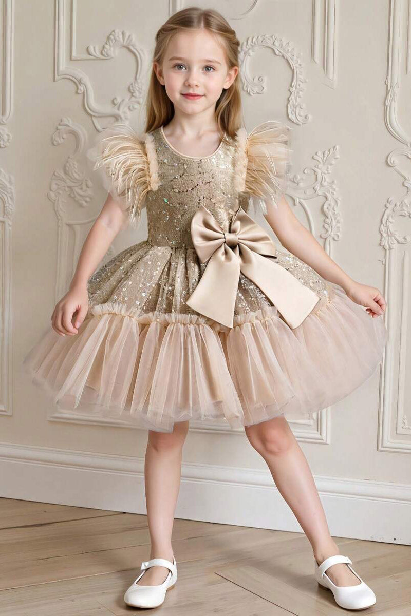 Girls Champagne Sequin Feather Sleeve Mini Tulle Dress