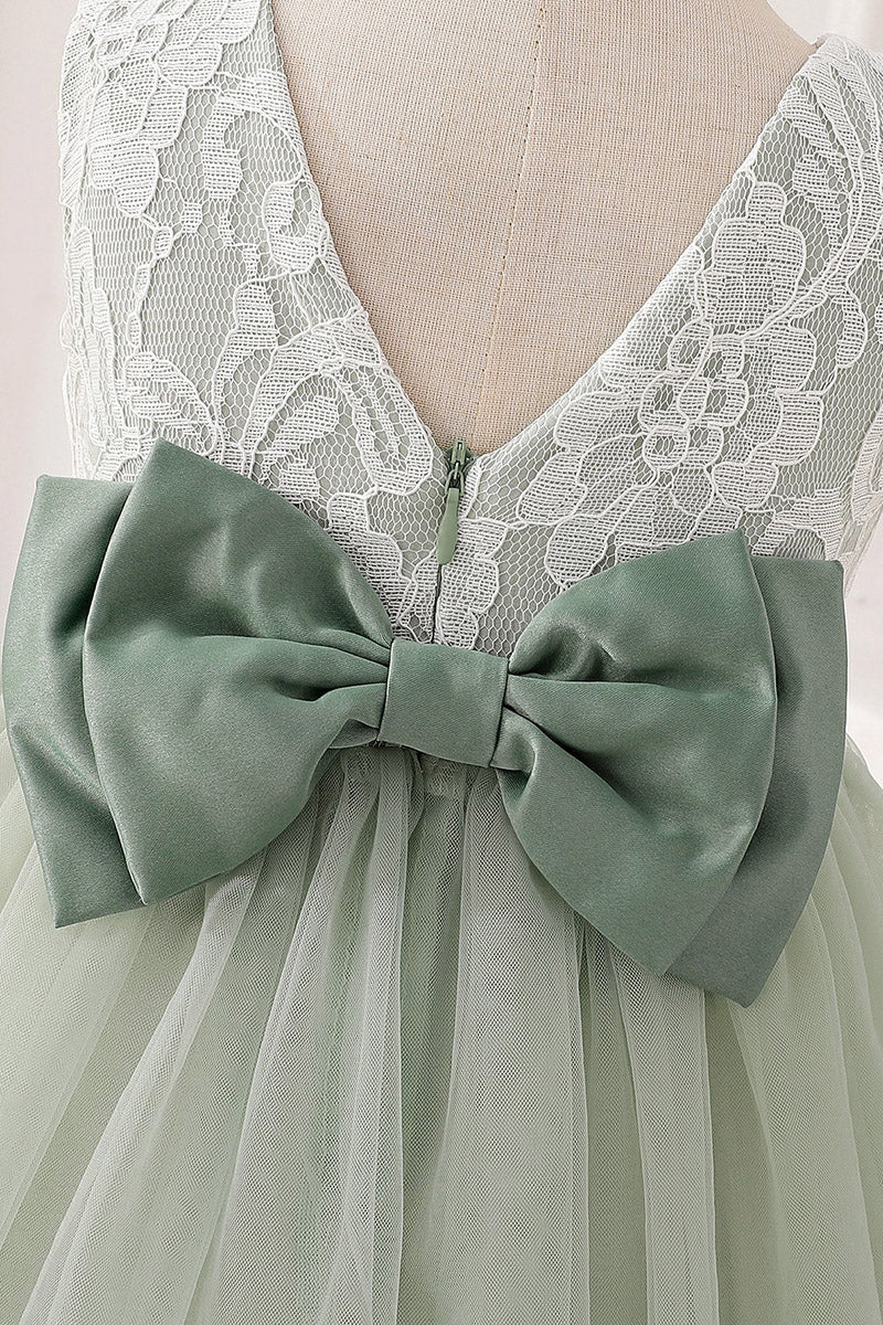 Girls Sage Sleeveless Lace Mini Tulle Dress with Oversized Back Satin Bow