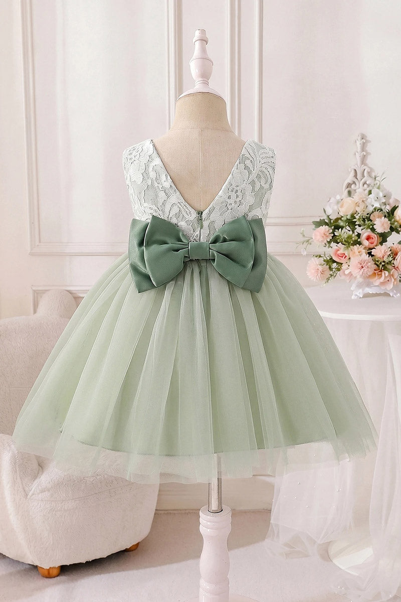 Girls Sage Sleeveless Lace Mini Tulle Dress with Oversized Back Satin Bow