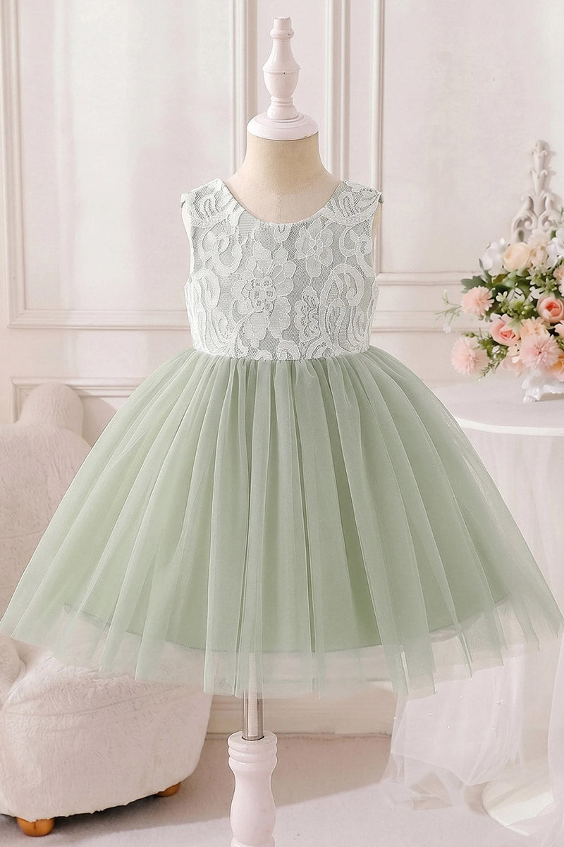 Girls Sage Sleeveless Lace Mini Tulle Dress with Oversized Back Satin Bow