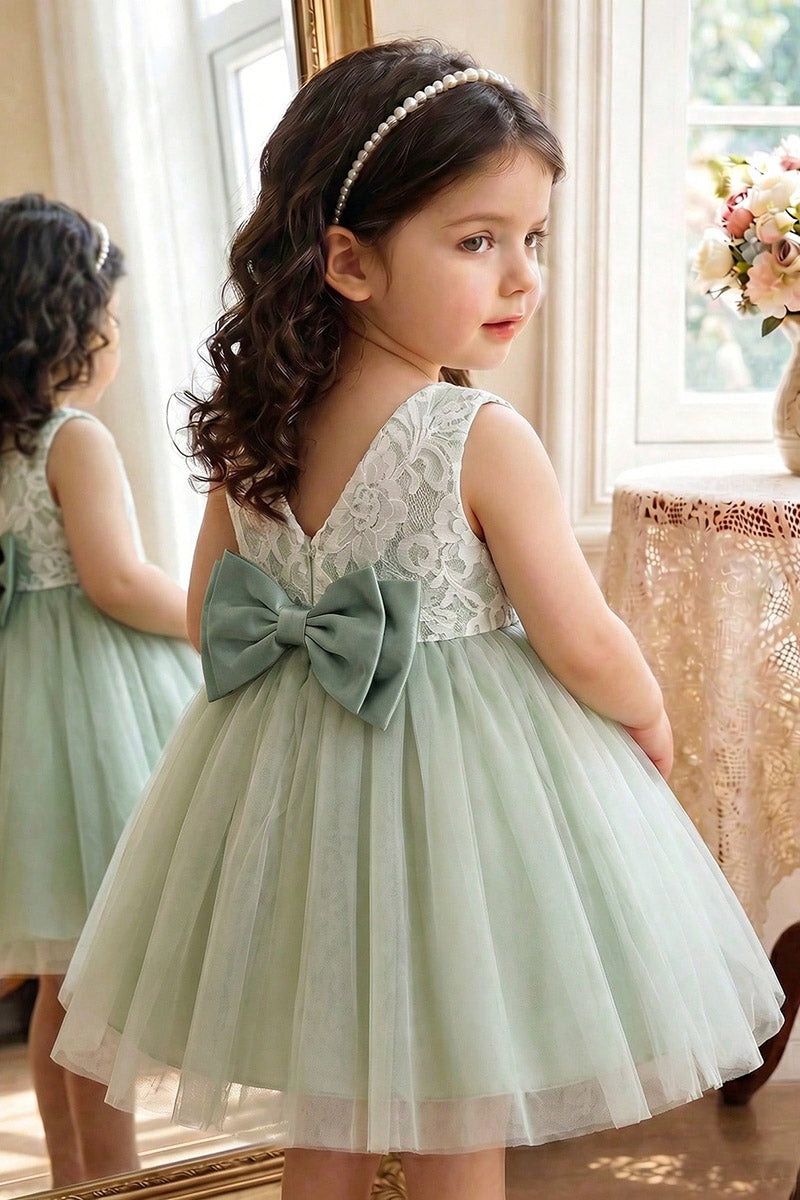 Girls Sage Sleeveless Lace Mini Tulle Dress with Oversized Back Satin Bow