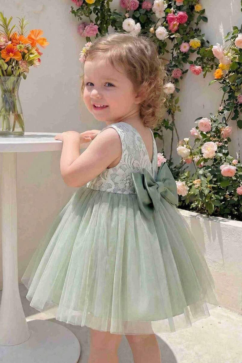 Girls Sage Sleeveless Lace Mini Tulle Dress with Oversized Back Satin Bow