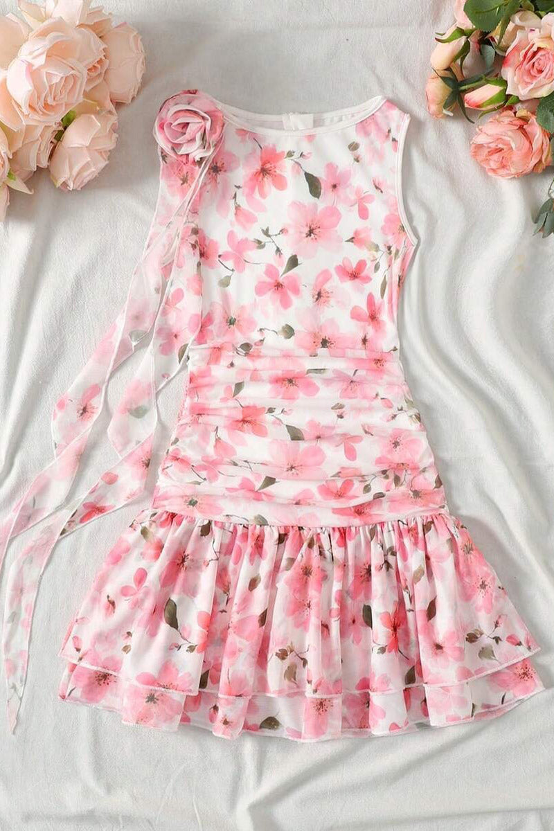 Girls Pink Cherry Blossom Print Sleeveless Mini Dress