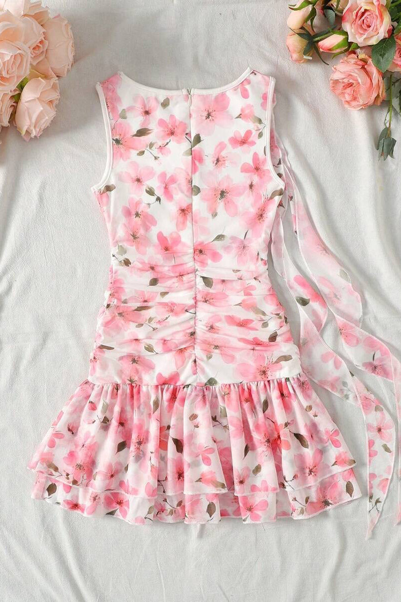 Girls Pink Cherry Blossom Print Sleeveless Mini Dress