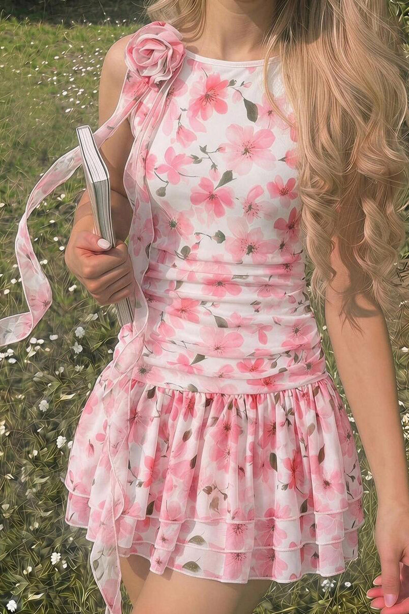 Girls Pink Cherry Blossom Print Sleeveless Mini Dress