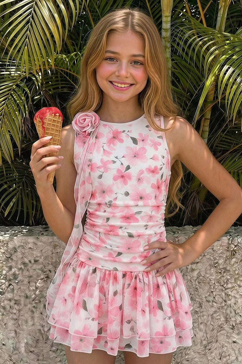 Girls Pink Cherry Blossom Print Sleeveless Mini Dress