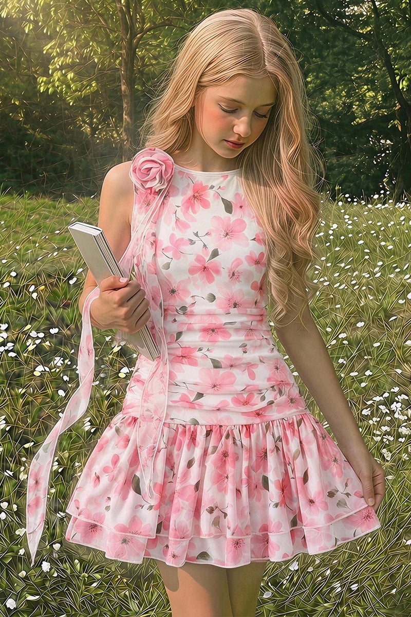 Girls Pink Cherry Blossom Print Sleeveless Mini Dress