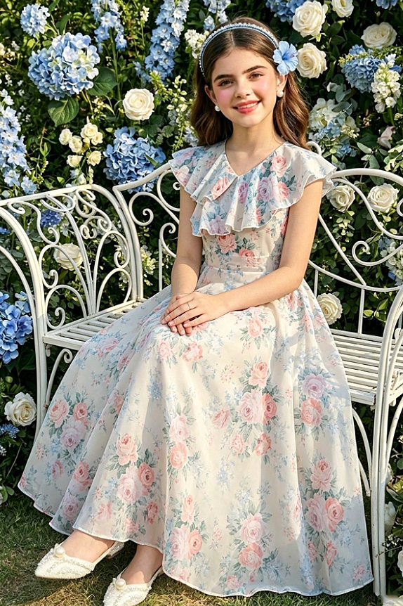 Cream Floral Print Ruffle V Neck Chiffon Long Girls Garden Party Dress