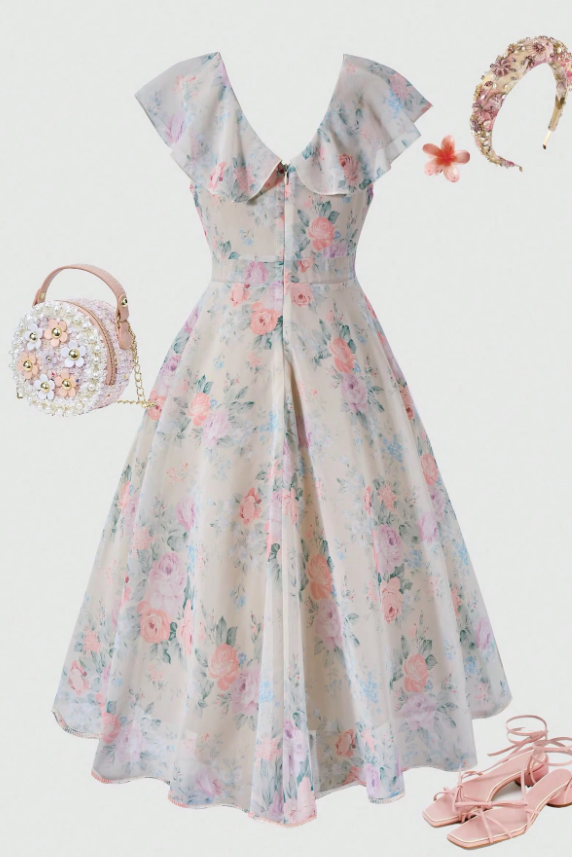 Cream Floral Print Ruffle V Neck Chiffon Long Girls Garden Party Dress