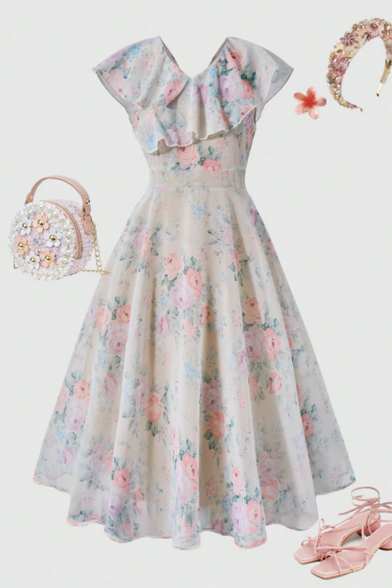 Cream Floral Print Ruffle V Neck Chiffon Long Girls Garden Party Dress
