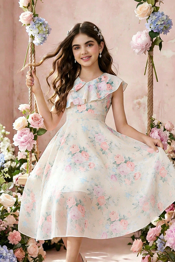 Cream Floral Print Ruffle V Neck Chiffon Long Girls Garden Party Dress