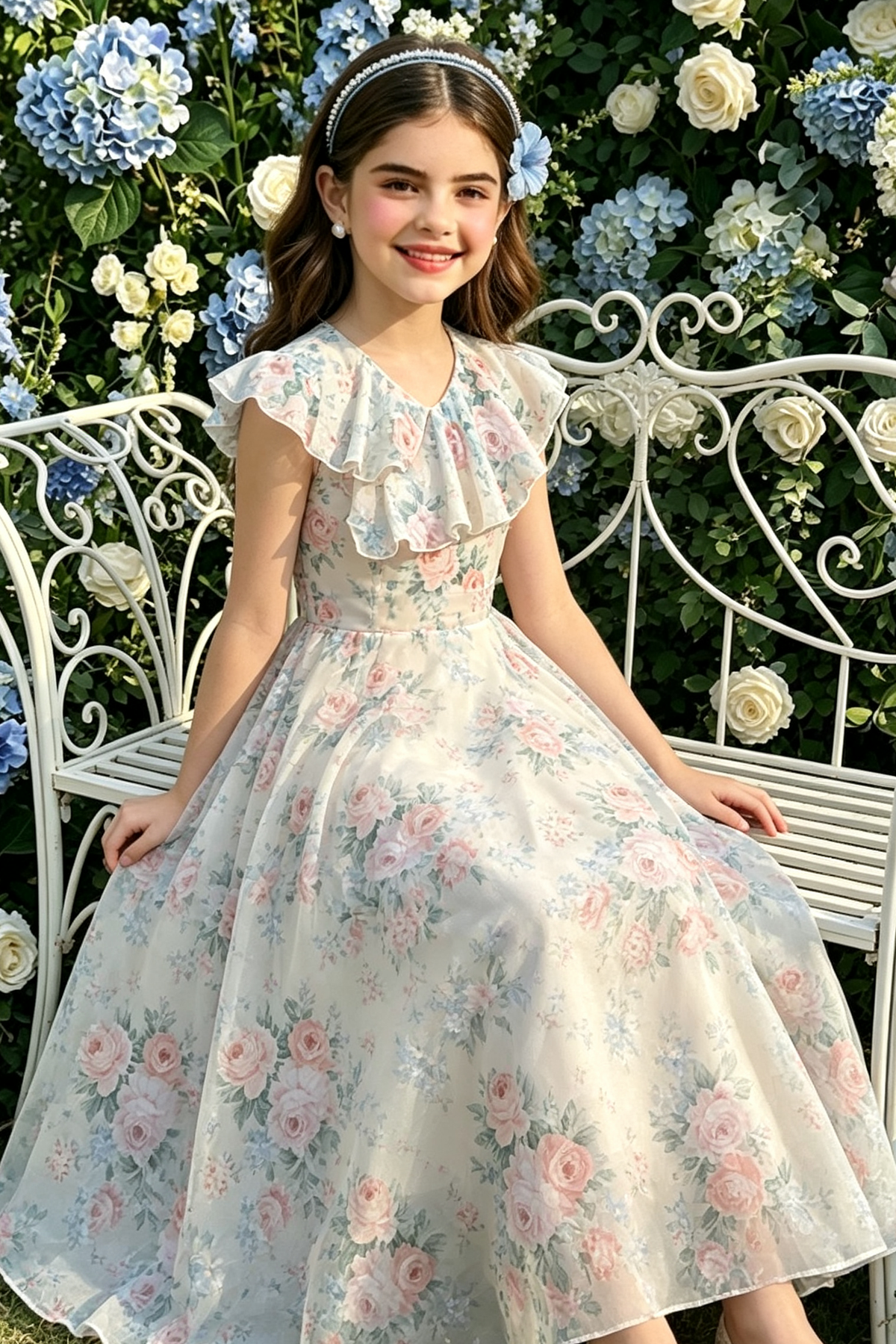 Cream Floral Print Ruffle V Neck Chiffon Long Girls Garden Party Dress