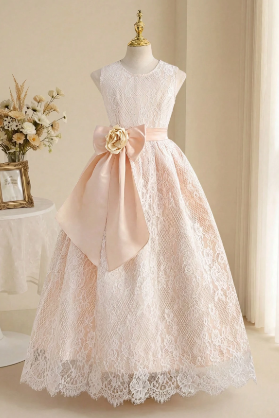 Light Champagne Lace Satin Bow 3D Rose Sleeveless A-Line Dress