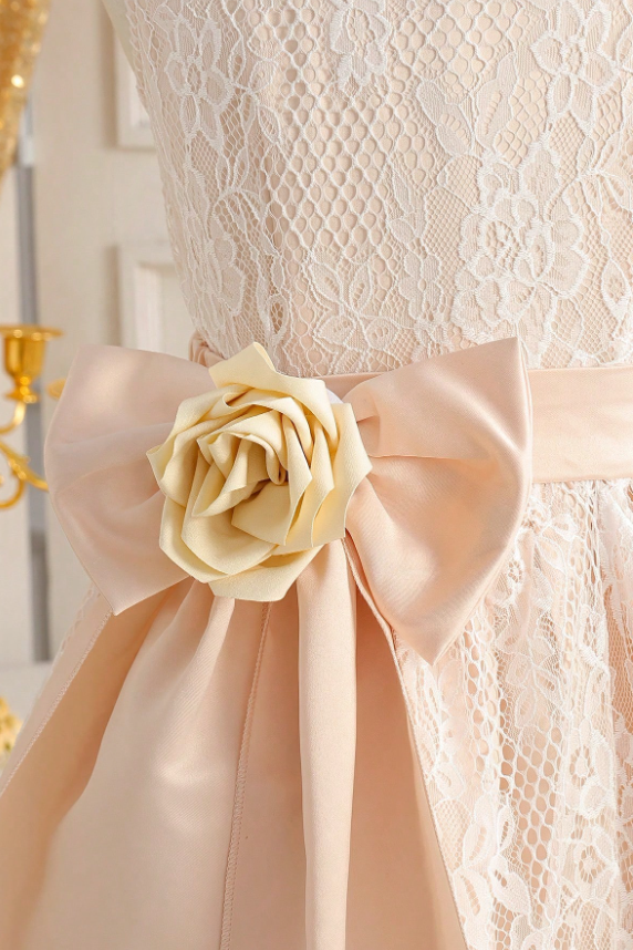 Light Champagne Lace Satin Bow 3D Rose Sleeveless A-Line Dress
