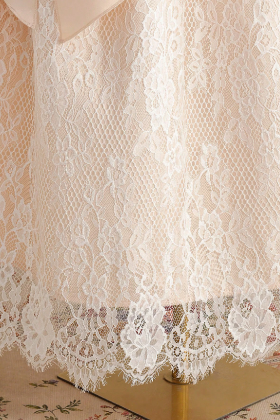 Light Champagne Lace Satin Bow 3D Rose Sleeveless A-Line Dress