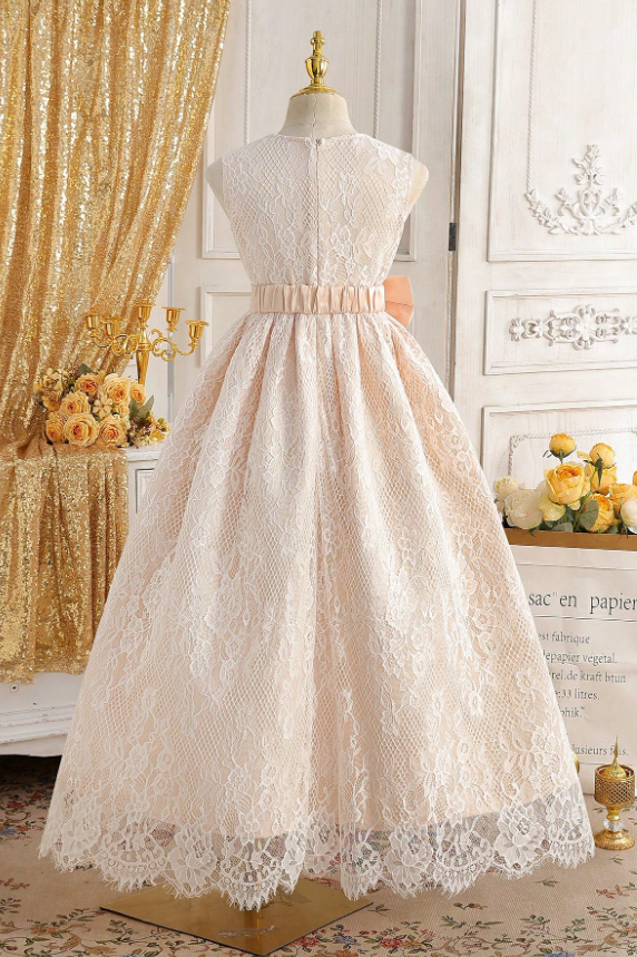 Light Champagne Lace Satin Bow 3D Rose Sleeveless A-Line Dress