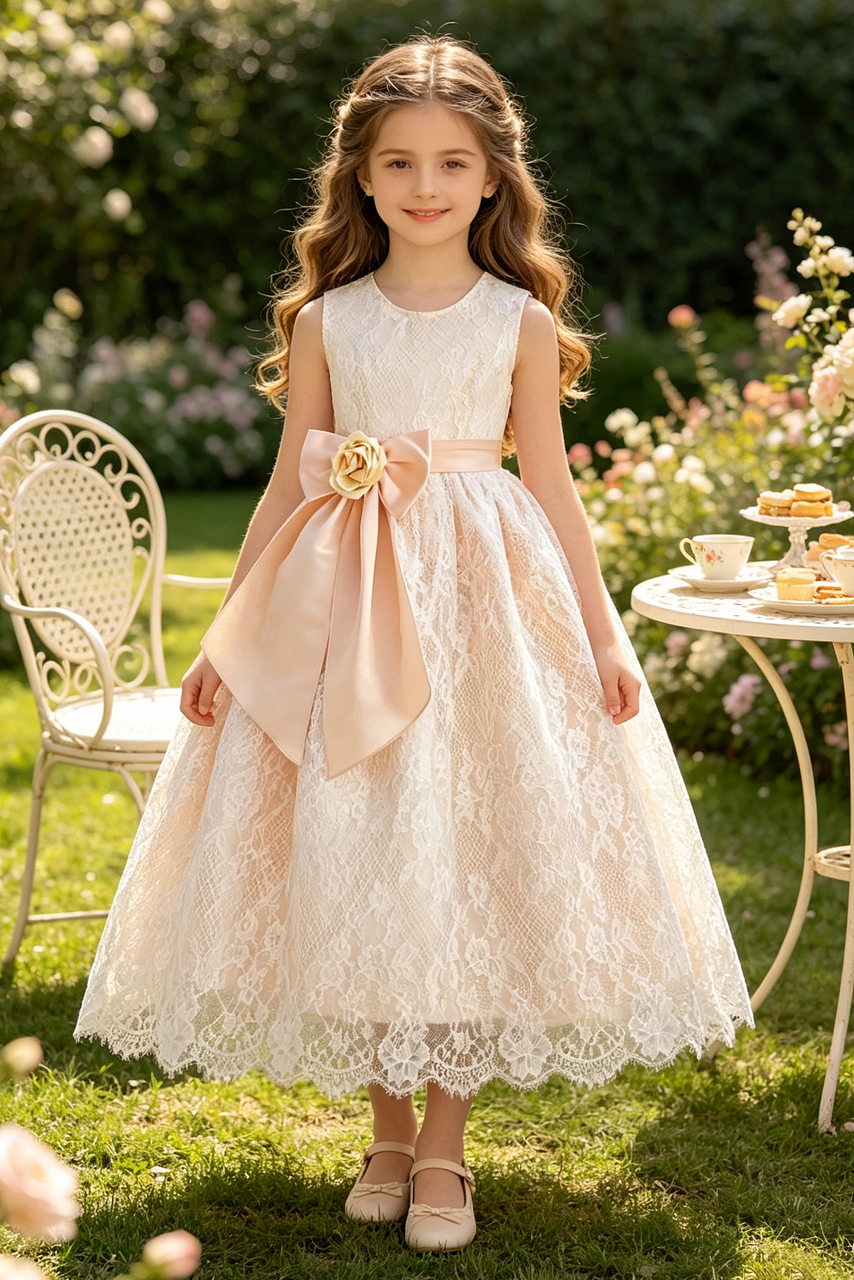 Light Champagne Lace Satin Bow 3D Rose Sleeveless A-Line Dress