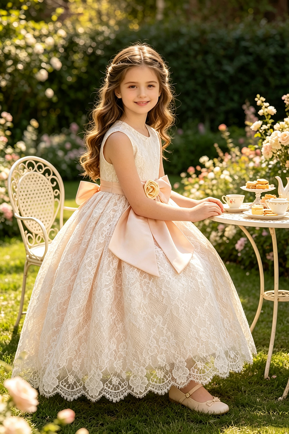 Light Champagne Lace Satin Bow 3D Rose Sleeveless A-Line Dress