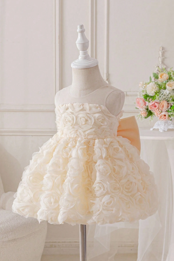 Light Blue 3D Rose Chiffon Sleeveless Pearl Satin Bow Fluffy A-Line Dress