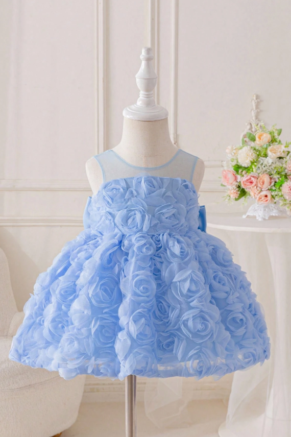 Light Blue 3D Rose Chiffon Sleeveless Pearl Satin Bow Fluffy A-Line Dress