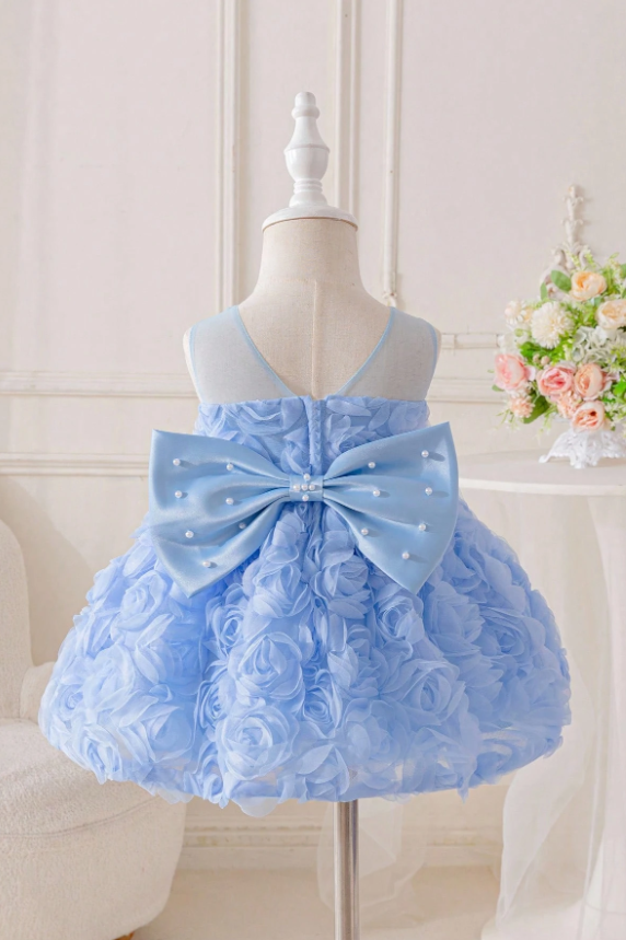 Light Blue 3D Rose Chiffon Sleeveless Pearl Satin Bow Fluffy A-Line Dress