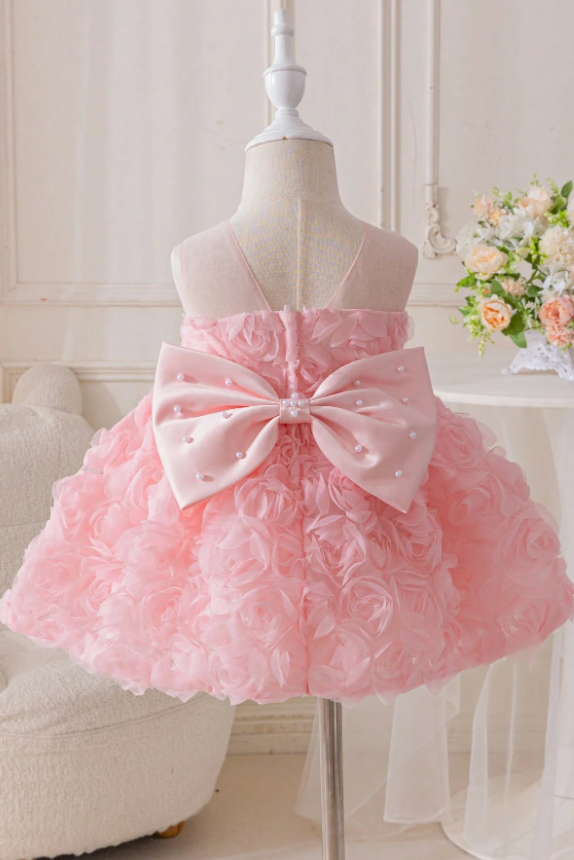 Light Blue 3D Rose Chiffon Sleeveless Pearl Satin Bow Fluffy A-Line Dress