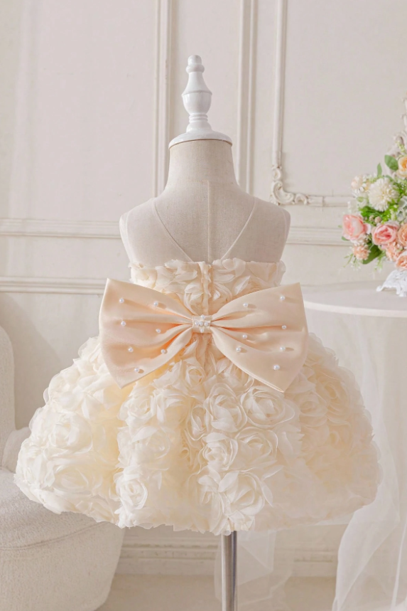 Light Blue 3D Rose Chiffon Sleeveless Pearl Satin Bow Fluffy A-Line Dress
