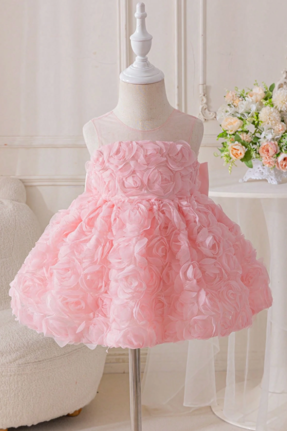 Light Blue 3D Rose Chiffon Sleeveless Pearl Satin Bow Fluffy A-Line Dress