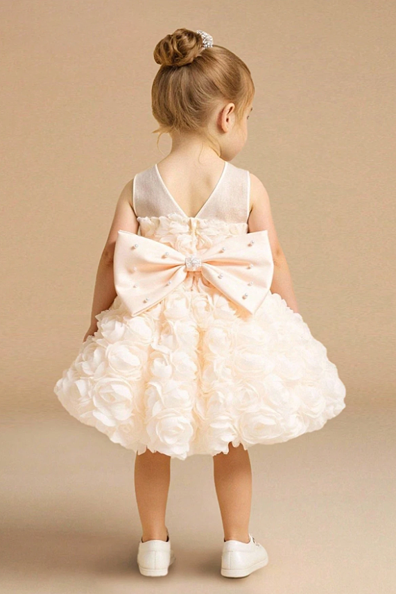 Light Blue 3D Rose Chiffon Sleeveless Pearl Satin Bow Fluffy A-Line Dress