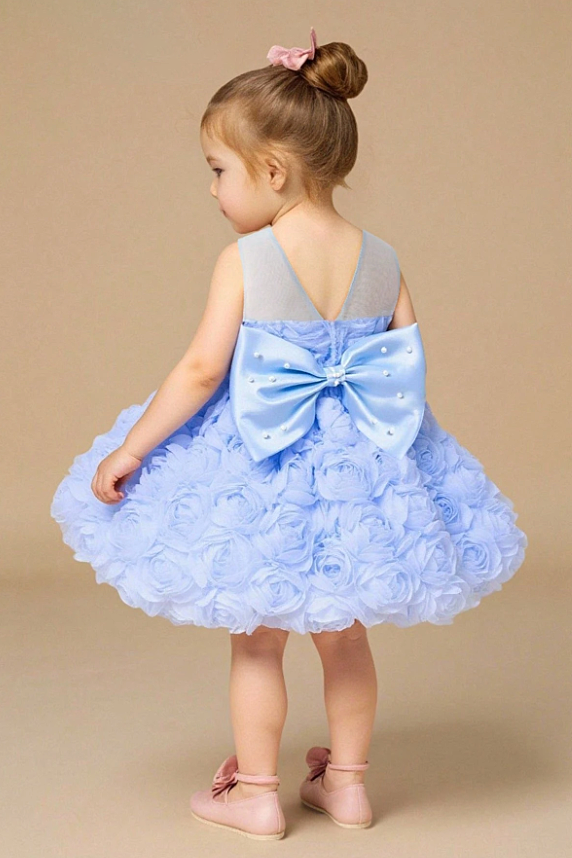 Light Blue 3D Rose Chiffon Sleeveless Pearl Satin Bow Fluffy A-Line Dress