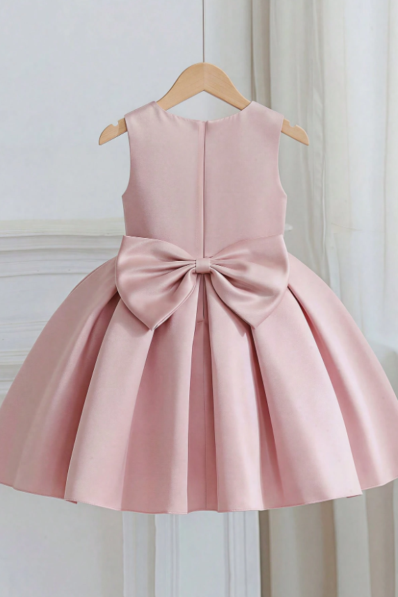 Blush Pink Satin Pearl Neckline Sleeveless Big Bow A-Line Dress