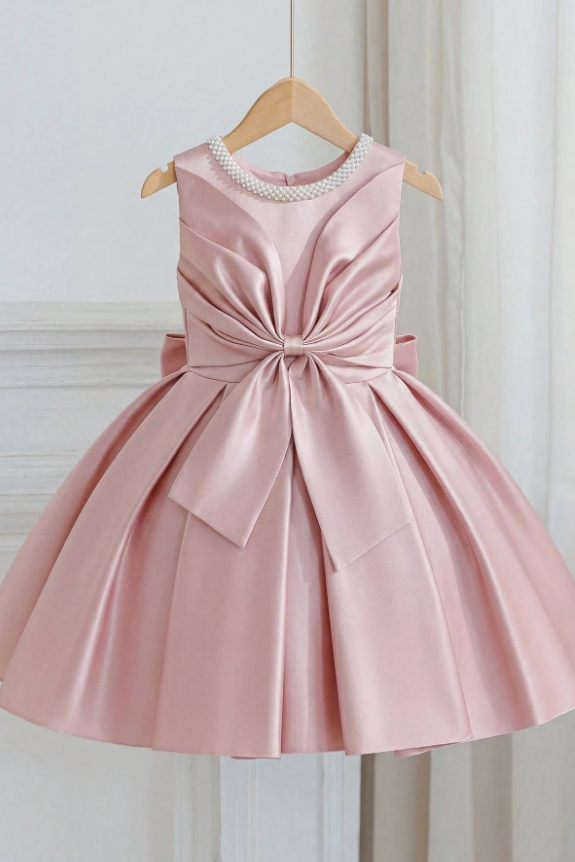 Blush Pink Satin Pearl Neckline Sleeveless Big Bow A-Line Dress