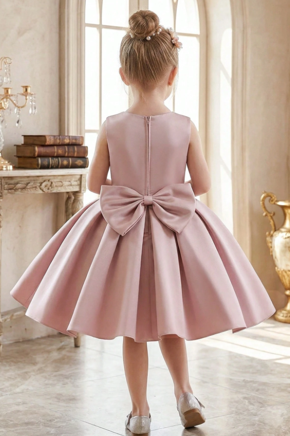 Blush Pink Satin Pearl Neckline Sleeveless Big Bow A-Line Dress