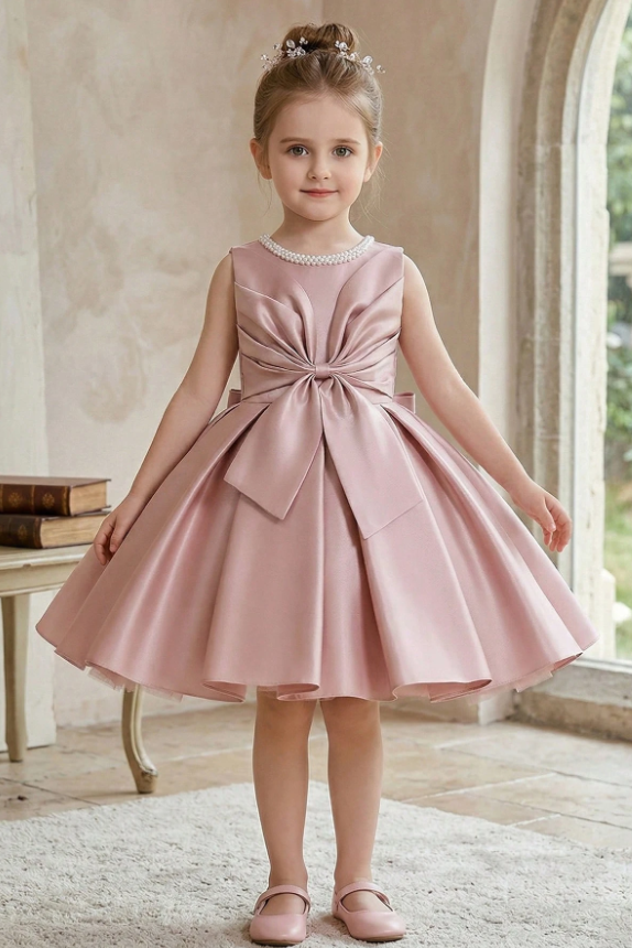 Blush Pink Satin Pearl Neckline Sleeveless Big Bow A-Line Dress