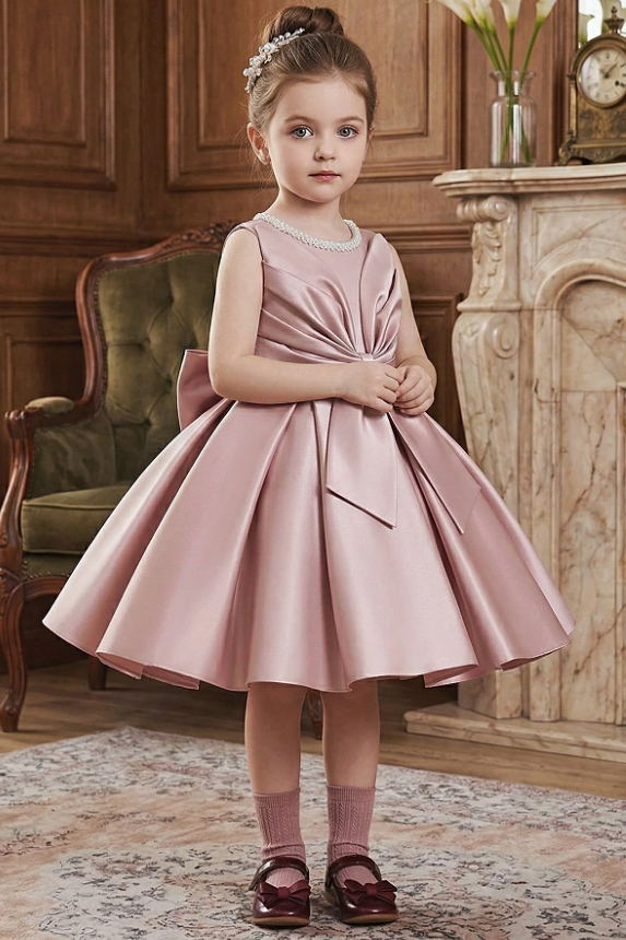 Blush Pink Satin Pearl Neckline Sleeveless Big Bow A-Line Dress