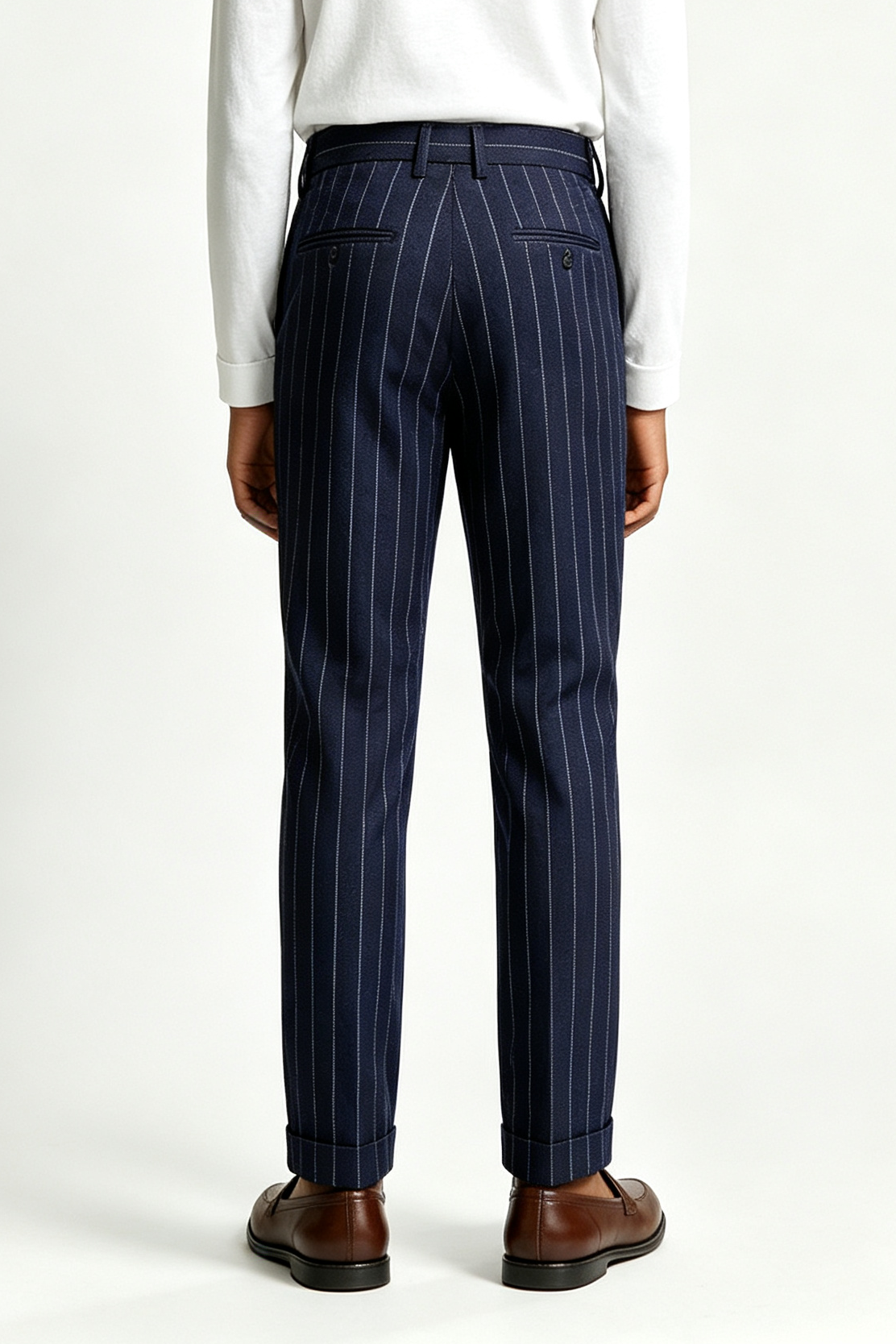 Boys Navy White Pinstripe Blend Serge Straight Leg Formal Suit Trousers