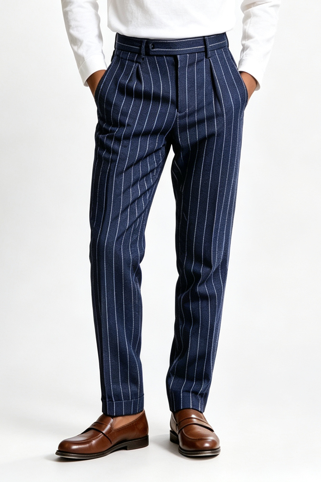 Boys Navy White Pinstripe Blend Serge Straight Leg Formal Suit Trousers