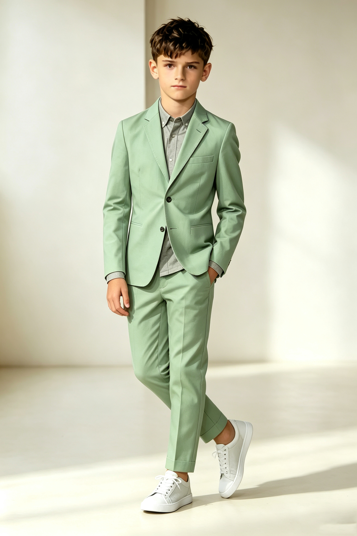Sage Green Cotton Linen Blend Single Breasted 2-Piece Formal Suit Set