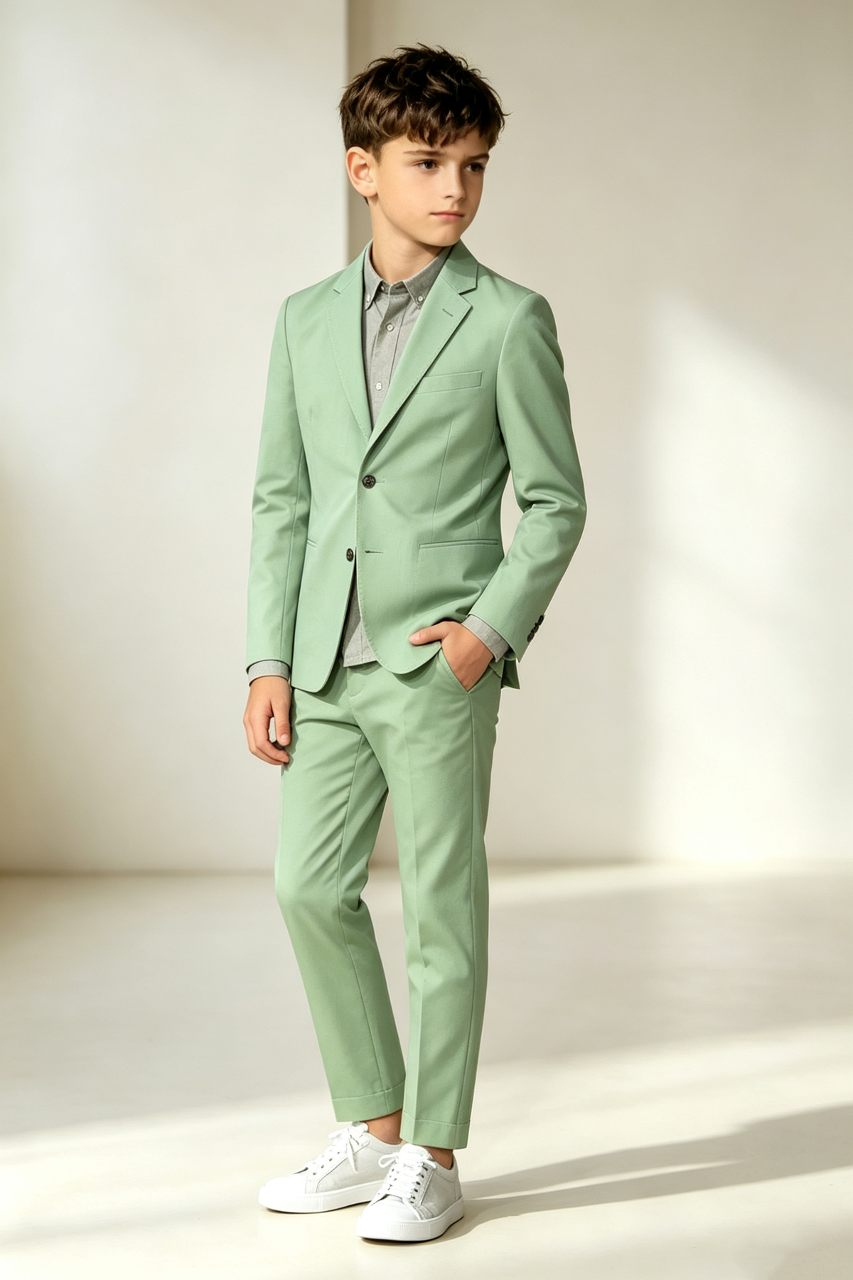 Sage Green Cotton Linen Blend Single Breasted 2-Piece Formal Suit Set