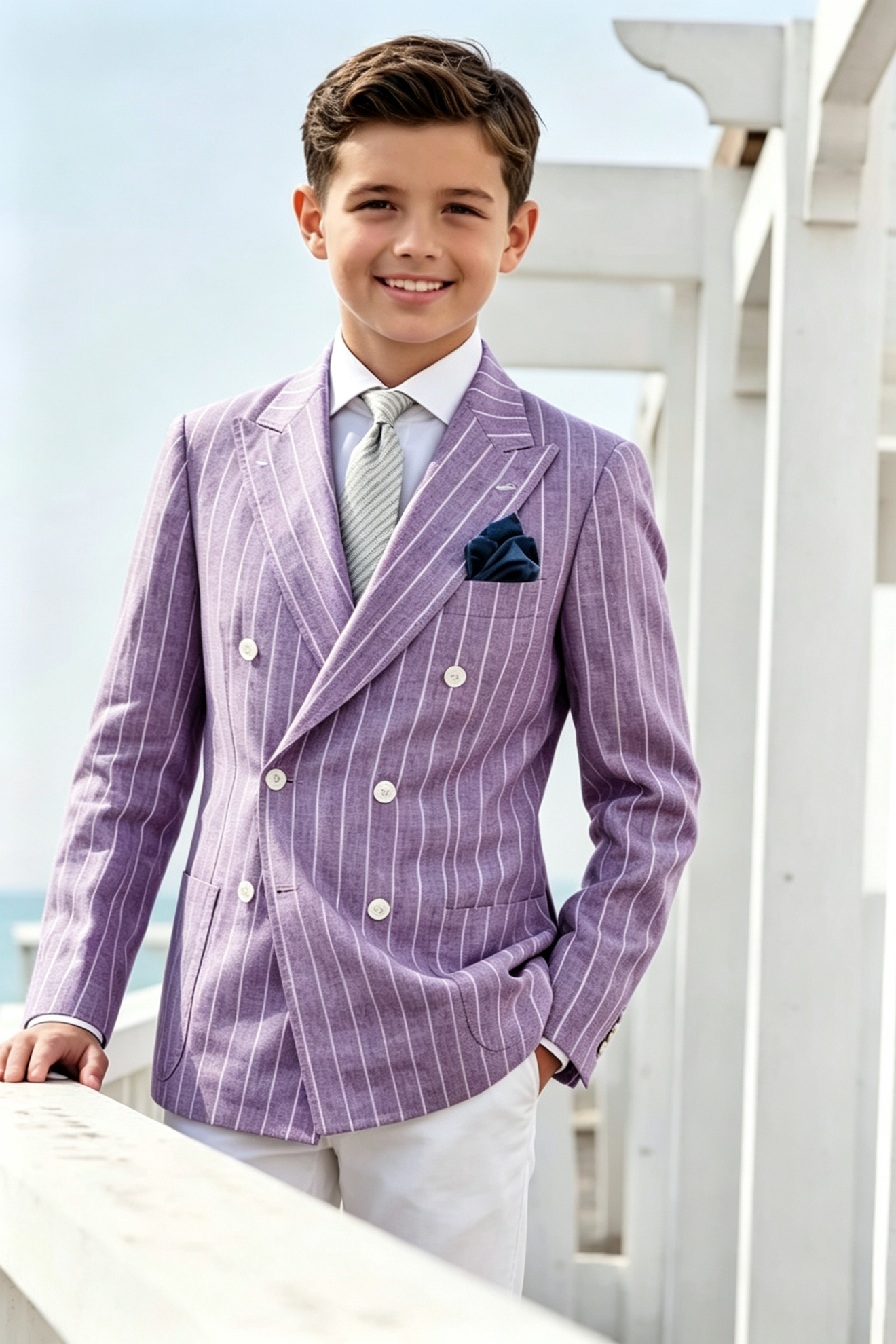 Boys Light Purple Pinstripe Cotton Linen Blend Double Breasted Formal Suit Blazer