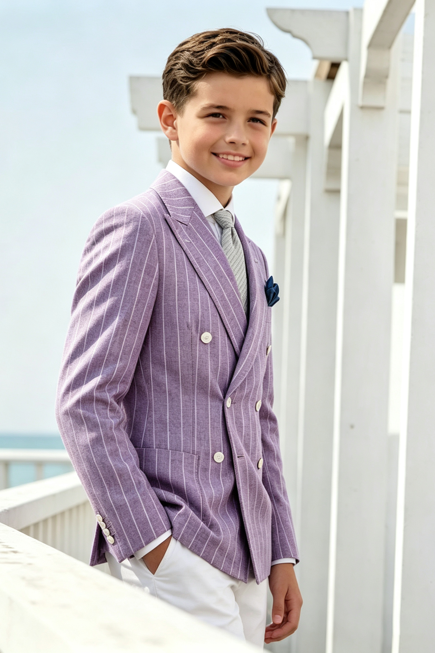 Boys Light Purple Pinstripe Cotton Linen Blend Double Breasted Formal Suit Blazer