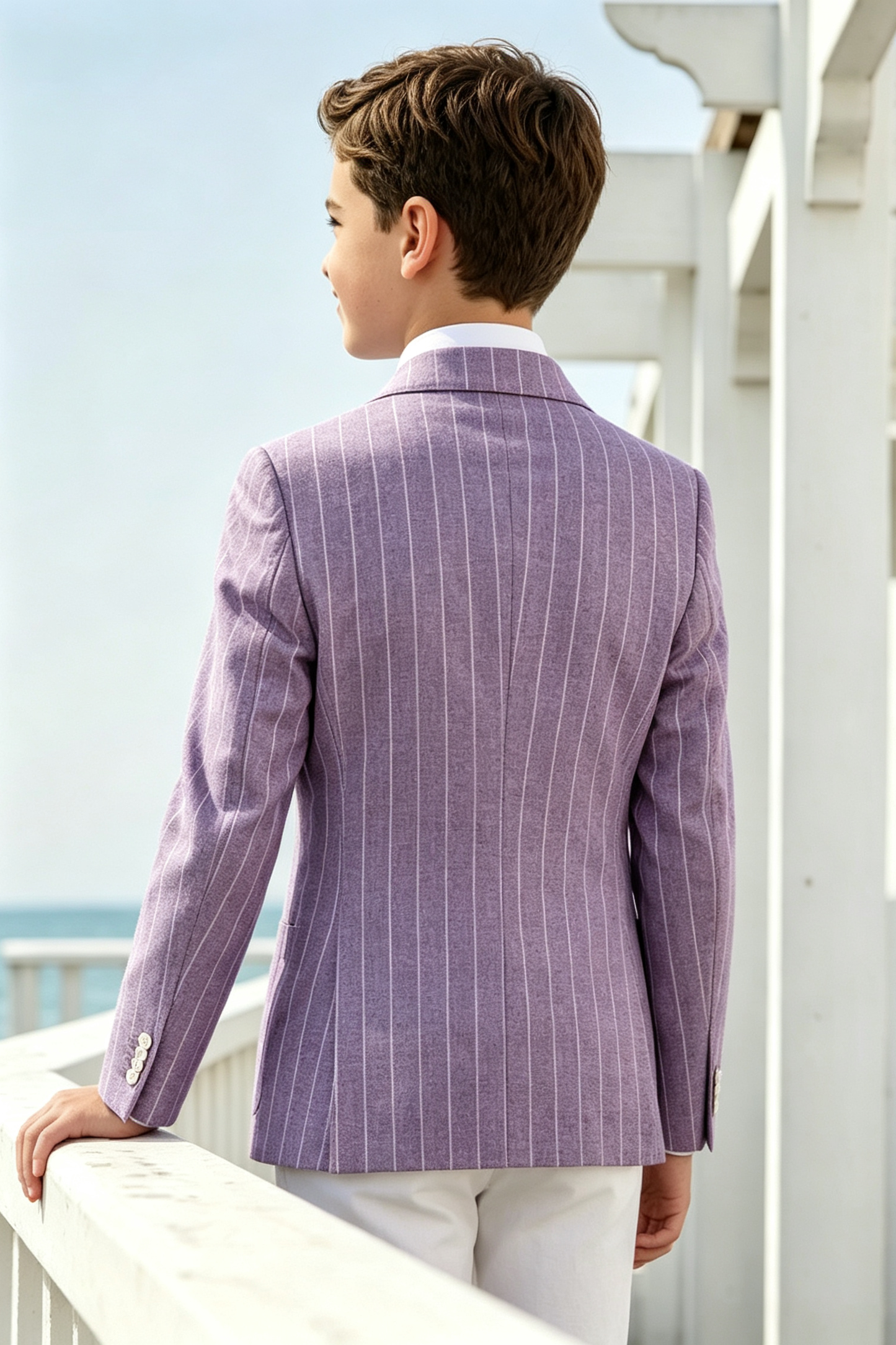 Boys Light Purple Pinstripe Cotton Linen Blend Double Breasted Formal Suit Blazer