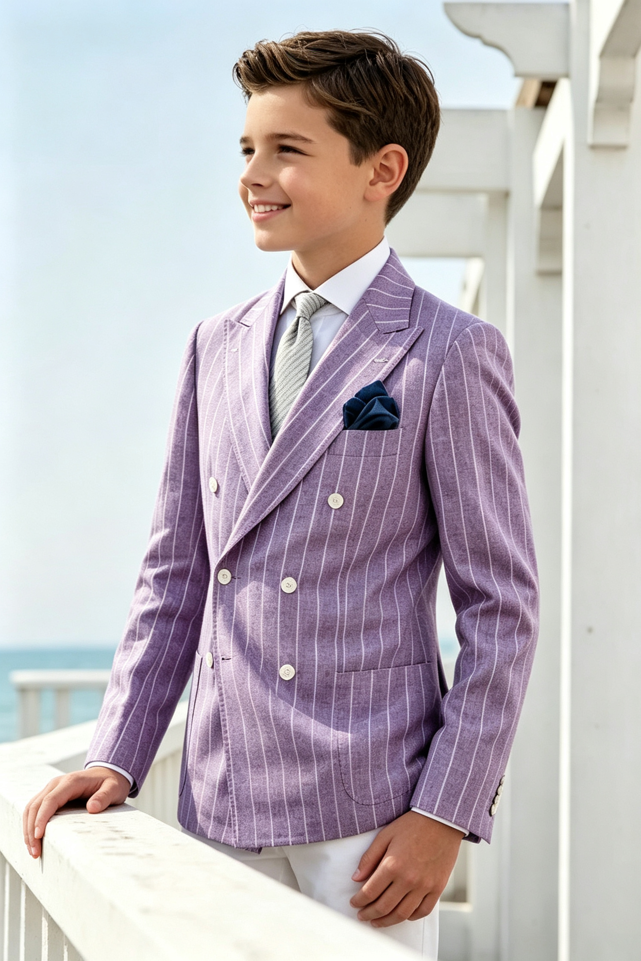 Boys Light Purple Pinstripe Cotton Linen Blend Double Breasted Formal Suit Blazer
