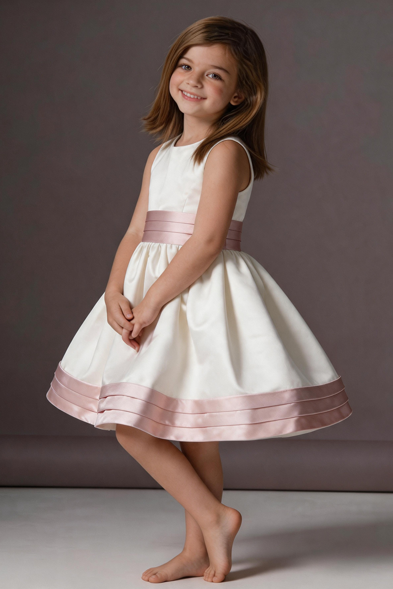 Girls Ivory Satin Sleeveless Knee-Length Dress