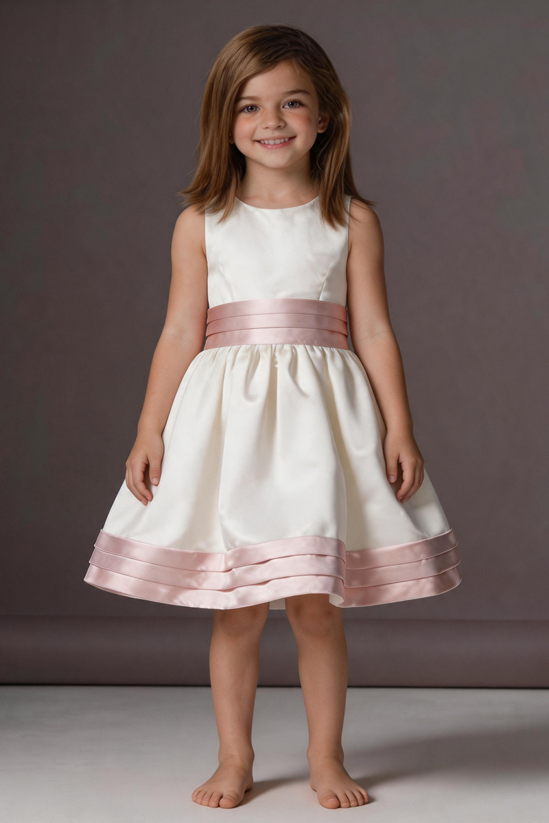 Girls Ivory Satin Sleeveless Knee-Length Dress