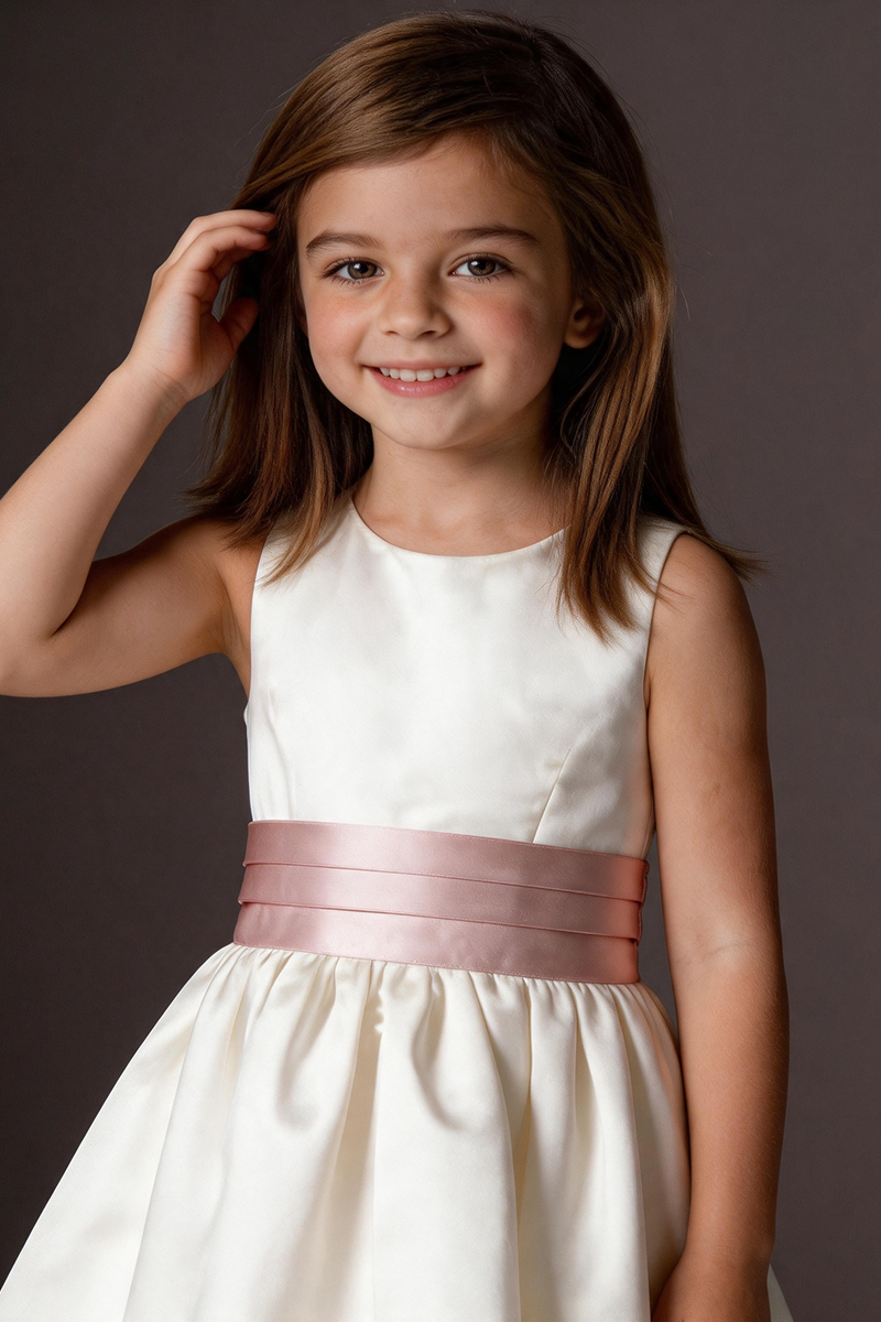 Girls Ivory Satin Sleeveless Knee-Length Dress
