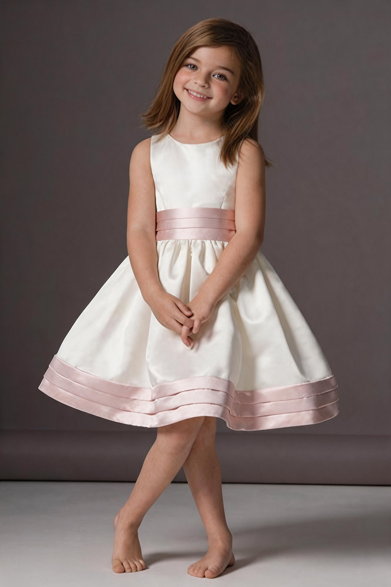 Girls Ivory Satin Sleeveless Knee-Length Dress