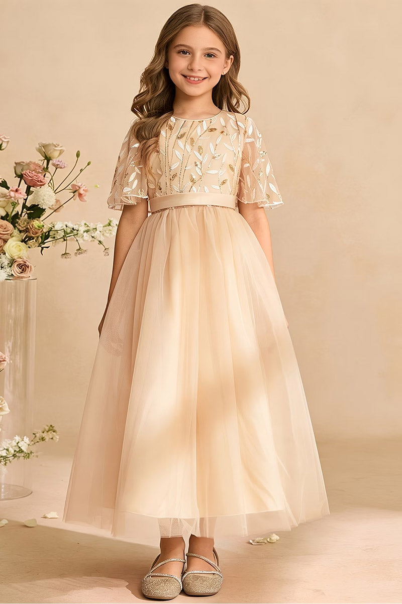 Girls Champagne Leaf Embroidered Short Sleeve Floor-Length Tulle Dress